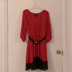 Women’s red ruffle flare belted dress baggy sleeves rounded neck dating dress